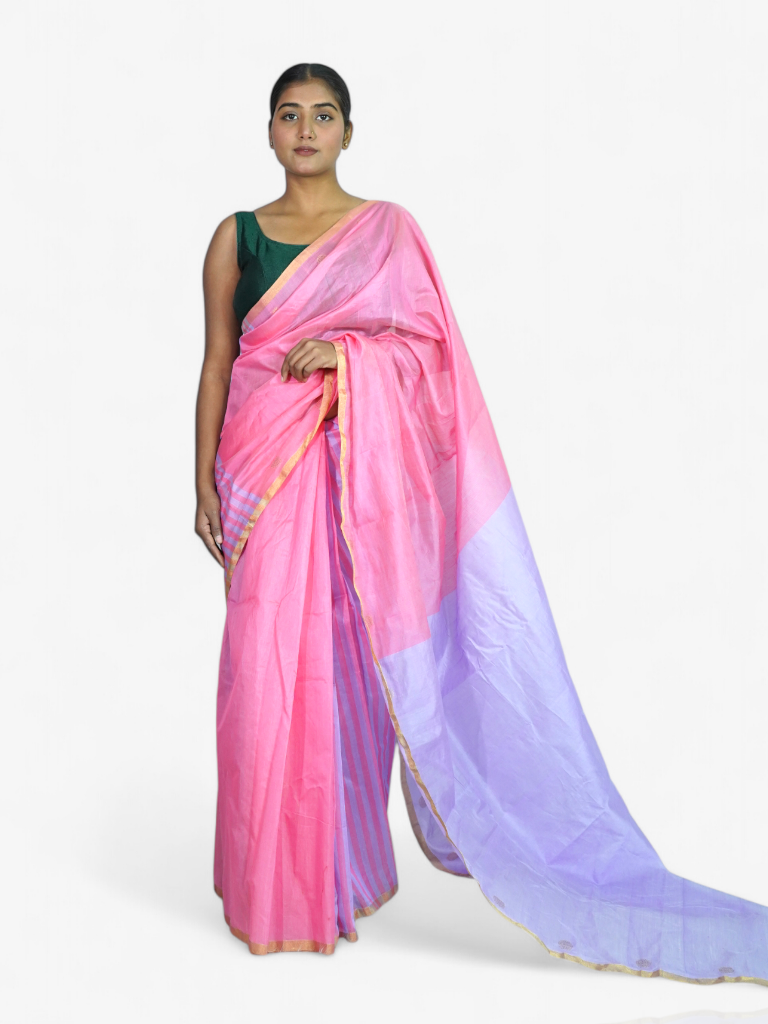 Rosy Twilight – Chanderi Cotton Silk Saree with Stripes in Mauve & Pink - Kozylook